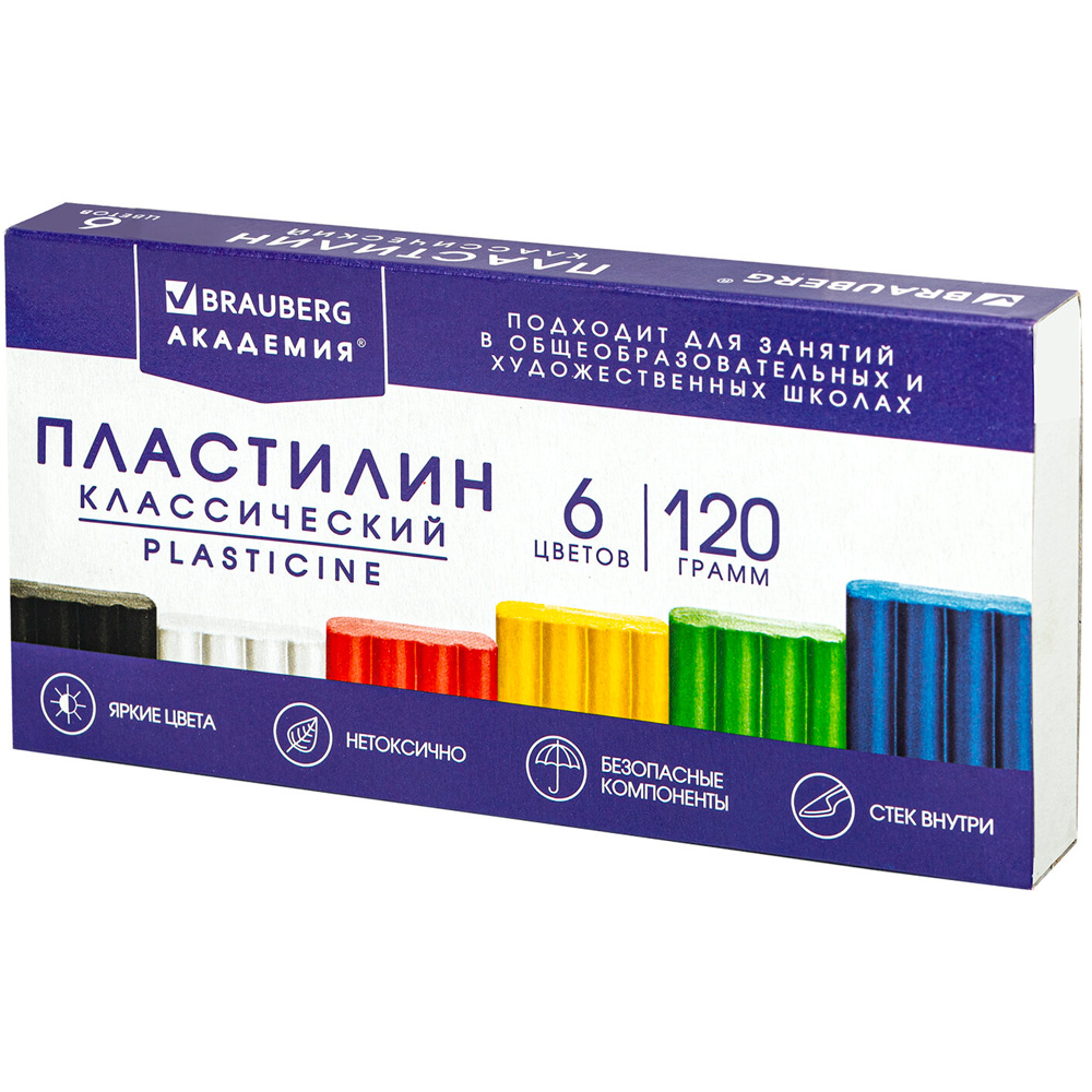 Пластилин 6 цв. Академия хит 120гр. со стеком 106440 BRAUBERG