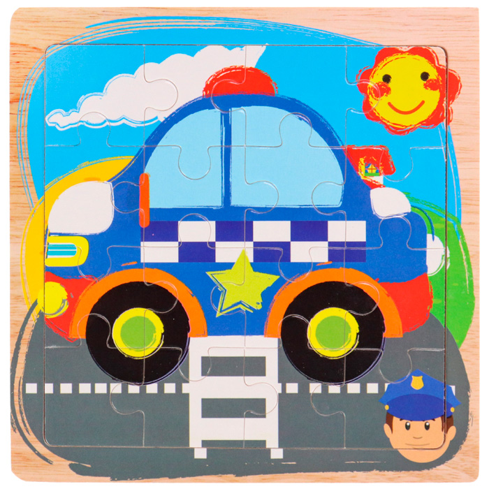 Деревянный Пазл рамка Полицийский автомобиль 16 элементов 14,5х14,5 см ИД-0130