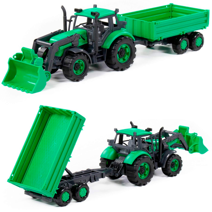 Трактор Прогресс с бортовым прицепом и ковшом инерционный зелёный в лотке 94650