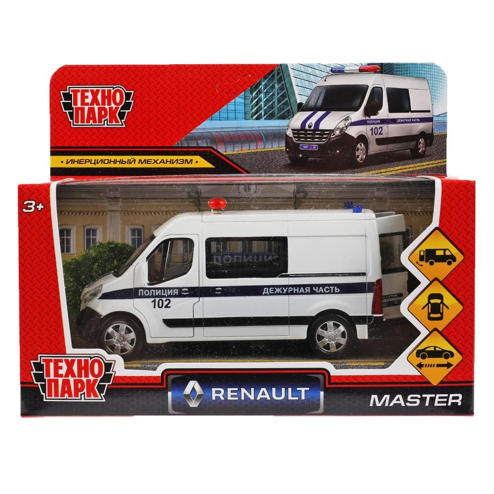 Модель MASTER-14POL-WH RENAULT MASTER ПОЛИЦИЯ длина 14 см,двери,инерц,белый Технопарк в коробке